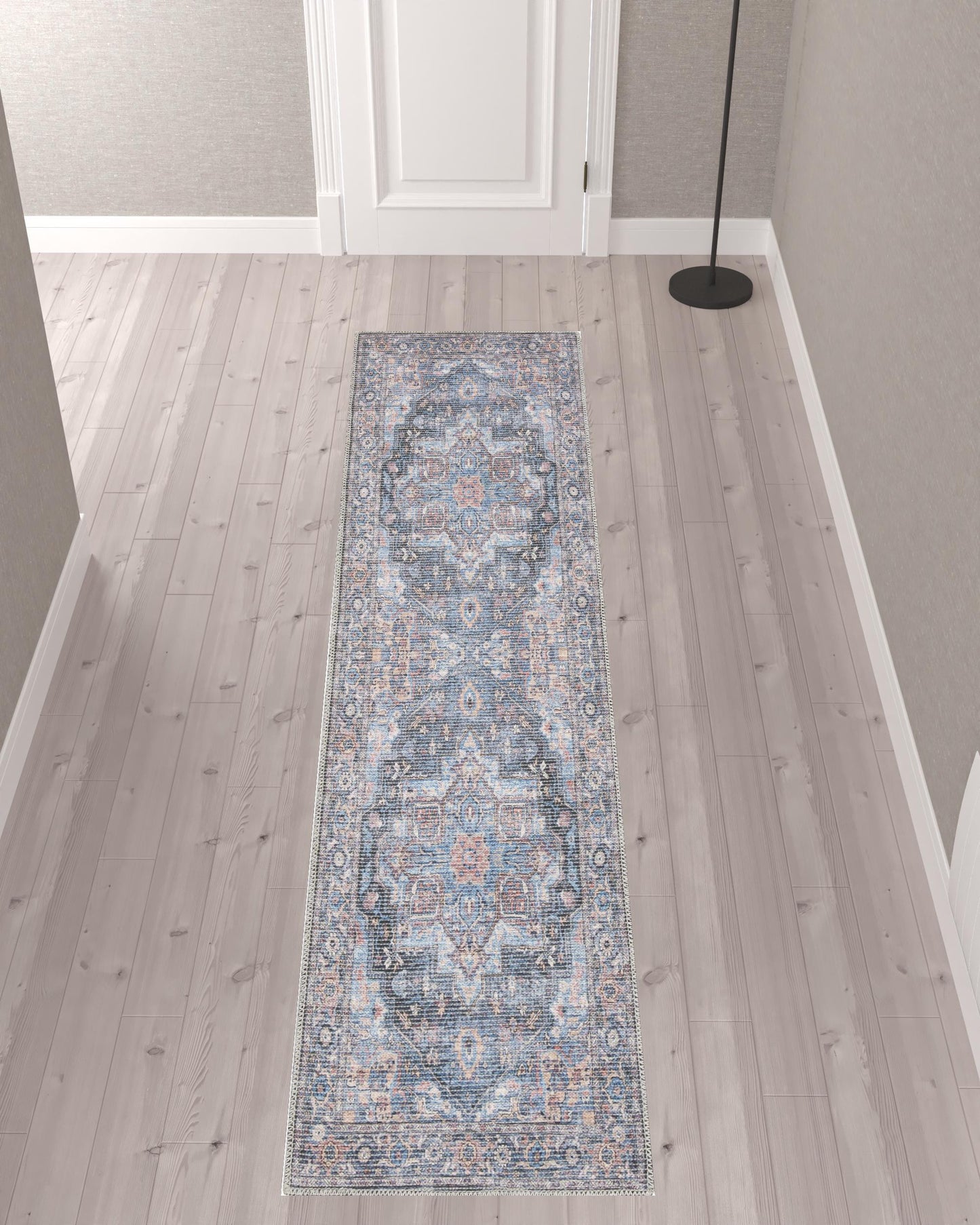 10' Blue Floral Power Loom Distressed Washable Runner Rug - 32.0" (L) x 120.0" (W) x 0.8" (H)