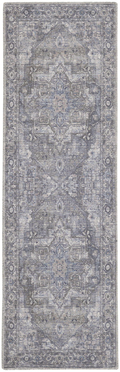 8' Gray Floral Power Loom Distressed Washable Runner Rug