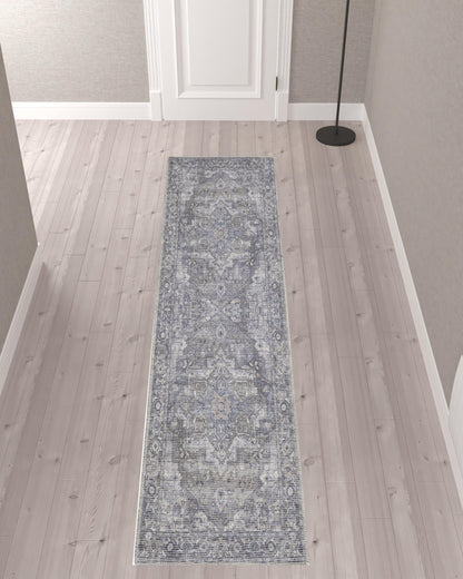 10' Gray Floral Power Loom Distressed Washable Runner Rug - 0.28" (L) x 120.0" (W) x 26.0" (H)