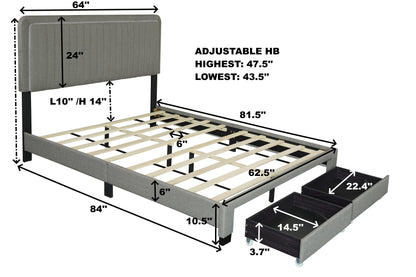 QUEEN SIZE UPHOLSTERED BED WITH ADJUSTABLE HEIGHT / MATTRESS 10 TO 14 INCHES - FurniFindUSA