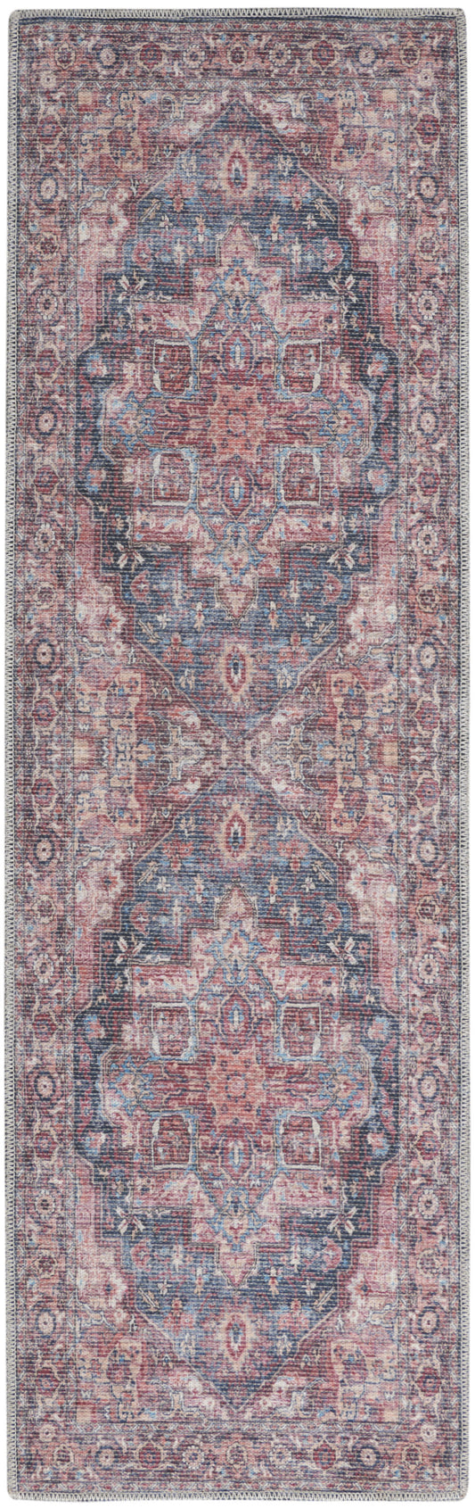 8' Red Floral Power Loom Distressed Washable Runner Rug - 26.0" (H) x 96.0" (W) x 0.28" (D)