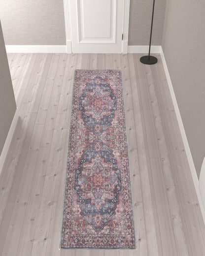 10' Red Floral Power Loom Distressed Washable Runner Rug - 120.0" (L) x 168.0" (W) x 0.32" (H)