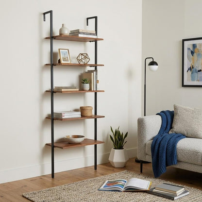 72" Brown Metal and Solid Wood Five Tier Ladder Bookcase HomeRoots