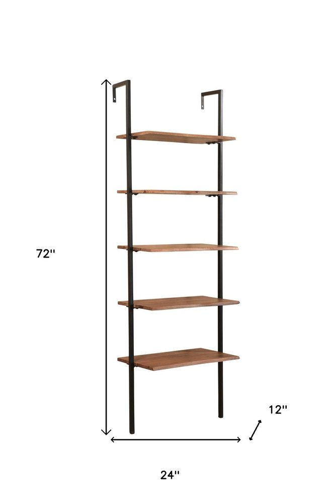 72" Brown Metal and Solid Wood Five Tier Ladder Bookcase HomeRoots