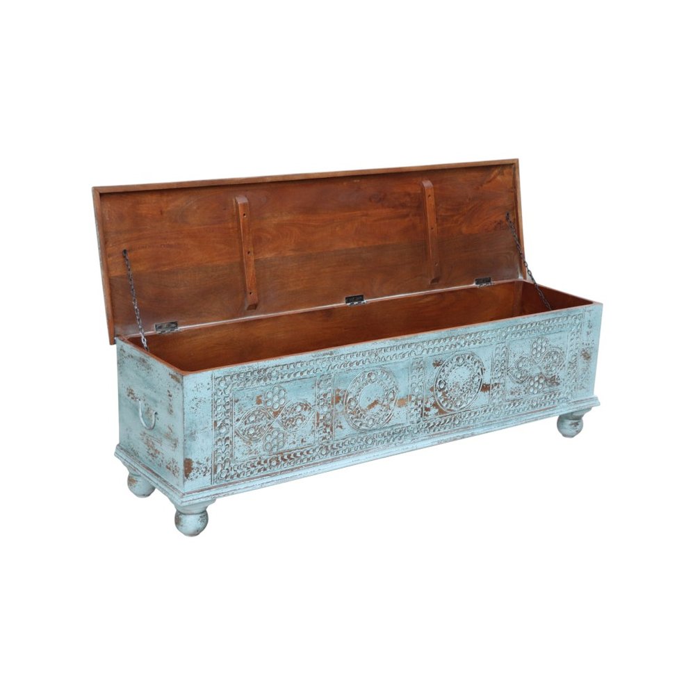 54" Aqua Carved And Distressed Solid Wood Lift Top Coffee Table HomeRoots