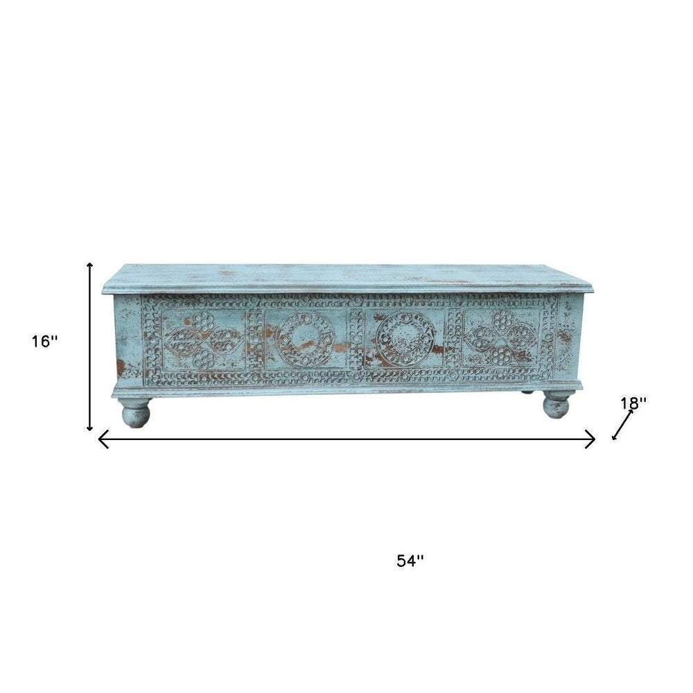 54" Aqua Carved And Distressed Solid Wood Lift Top Coffee Table HomeRoots
