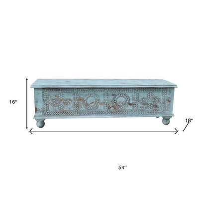 54" Aqua Carved And Distressed Solid Wood Lift Top Coffee Table HomeRoots