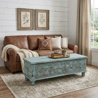 54" Aqua Carved And Distressed Solid Wood Lift Top Coffee Table HomeRoots