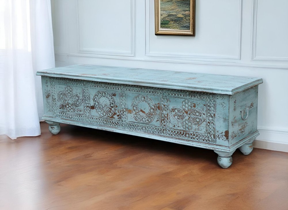 54" Aqua Carved And Distressed Solid Wood Lift Top Coffee Table HomeRoots