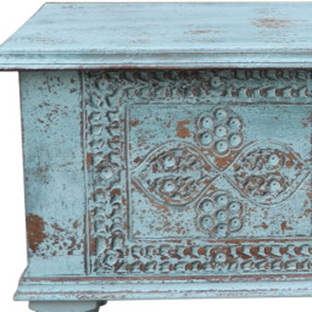 54" Aqua Carved And Distressed Solid Wood Lift Top Coffee Table HomeRoots