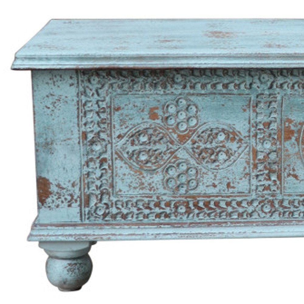 54" Aqua Carved And Distressed Solid Wood Lift Top Coffee Table HomeRoots