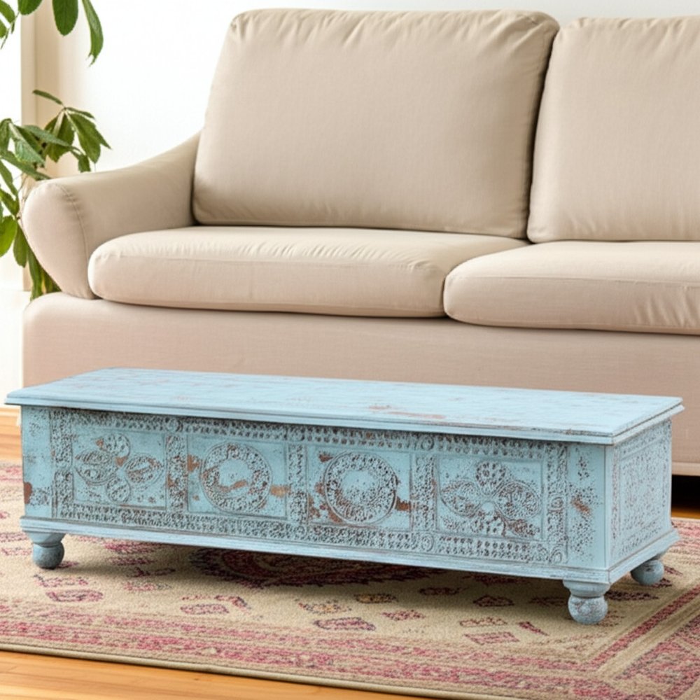 54" Aqua Carved And Distressed Solid Wood Lift Top Coffee Table HomeRoots