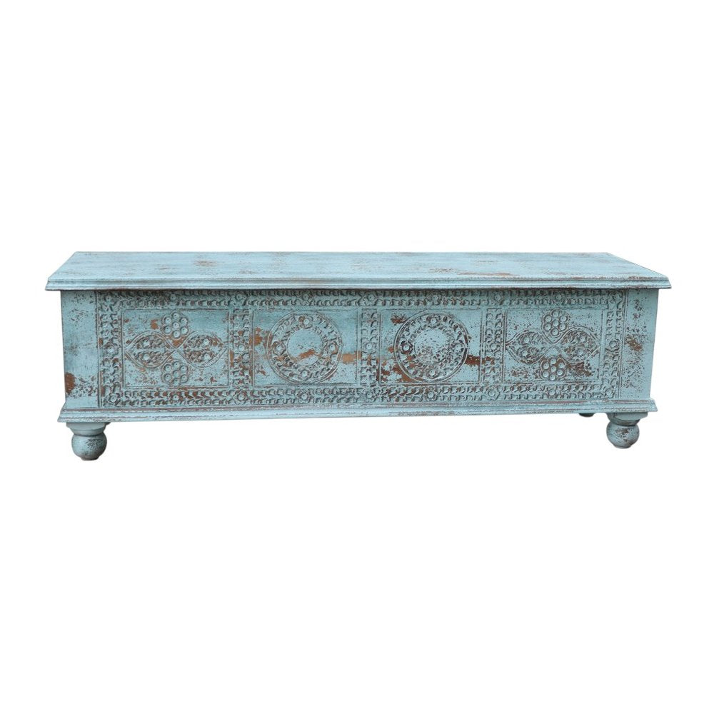 54" Aqua Carved And Distressed Solid Wood Lift Top Coffee Table HomeRoots