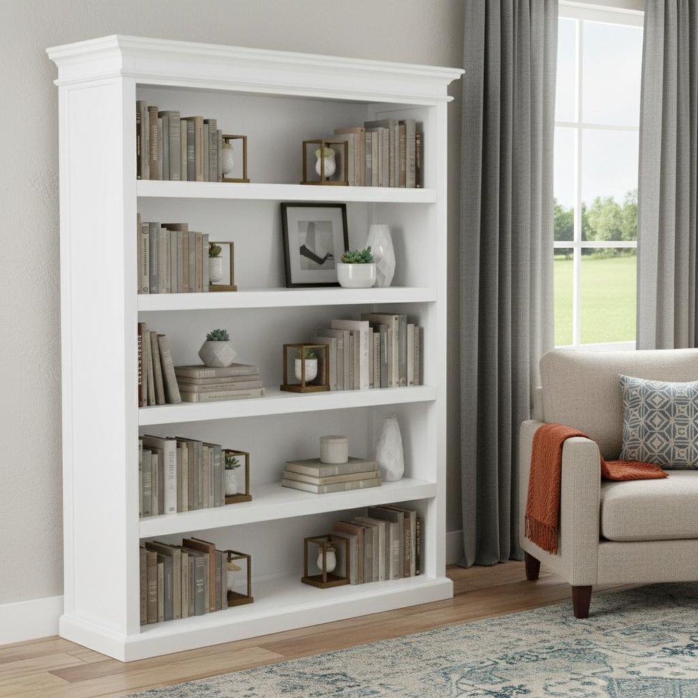 77" Antiqued White Solid Wood Five Tier Bookcase — view 6