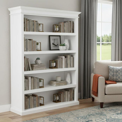 77" Antiqued White Solid Wood Five Tier Bookcase HomeRoots