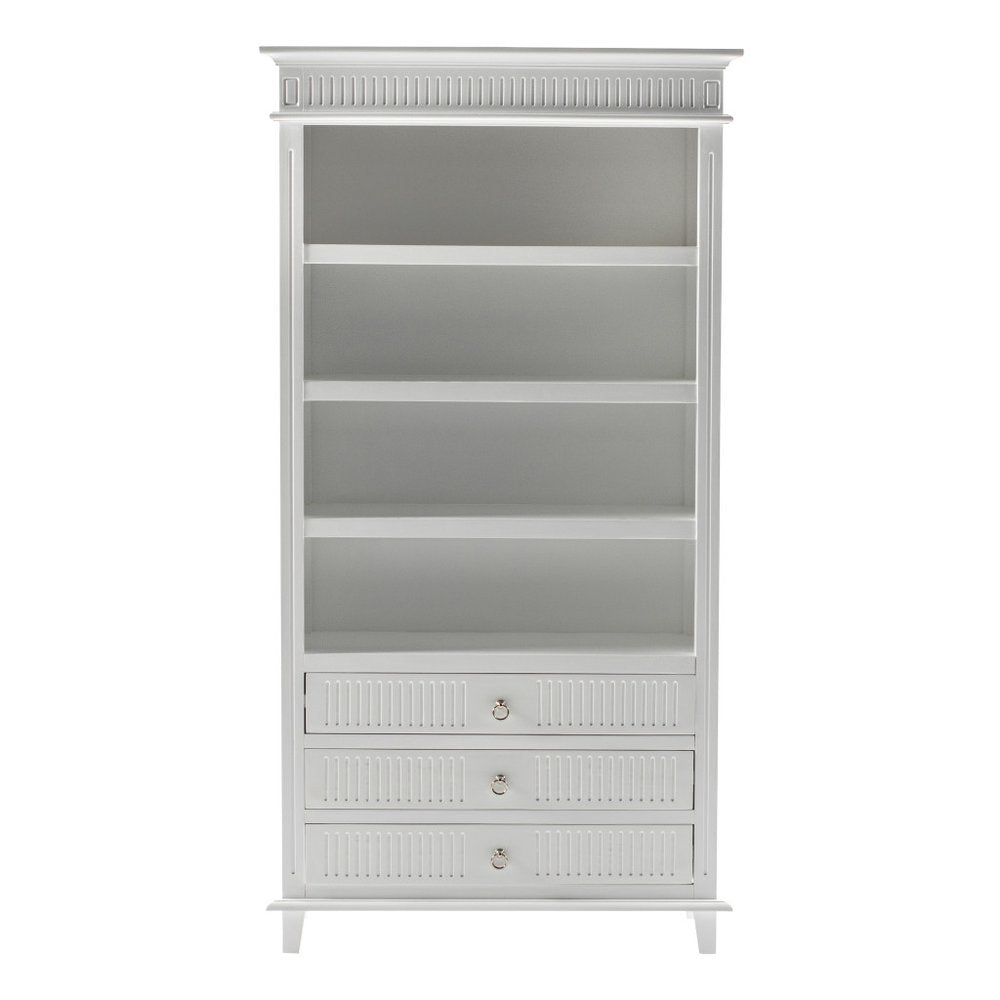 Antiqued White Solid Wood Four Tier Bookcase with Three Drawers HomeRoots