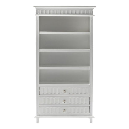 Antiqued White Solid Wood Four Tier Bookcase with Three Drawers HomeRoots