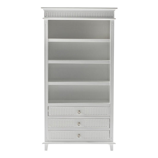 Antiqued White Solid Wood Four Tier Bookcase with Three Drawers