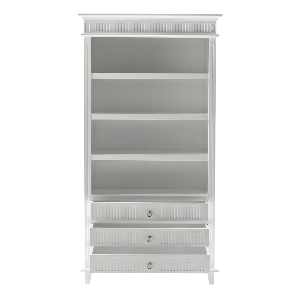 Antiqued White Solid Wood Four Tier Bookcase with Three Drawers HomeRoots
