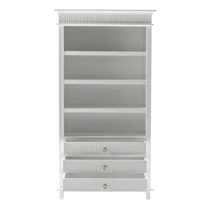 Antiqued White Solid Wood Four Tier Bookcase with Three Drawers HomeRoots
