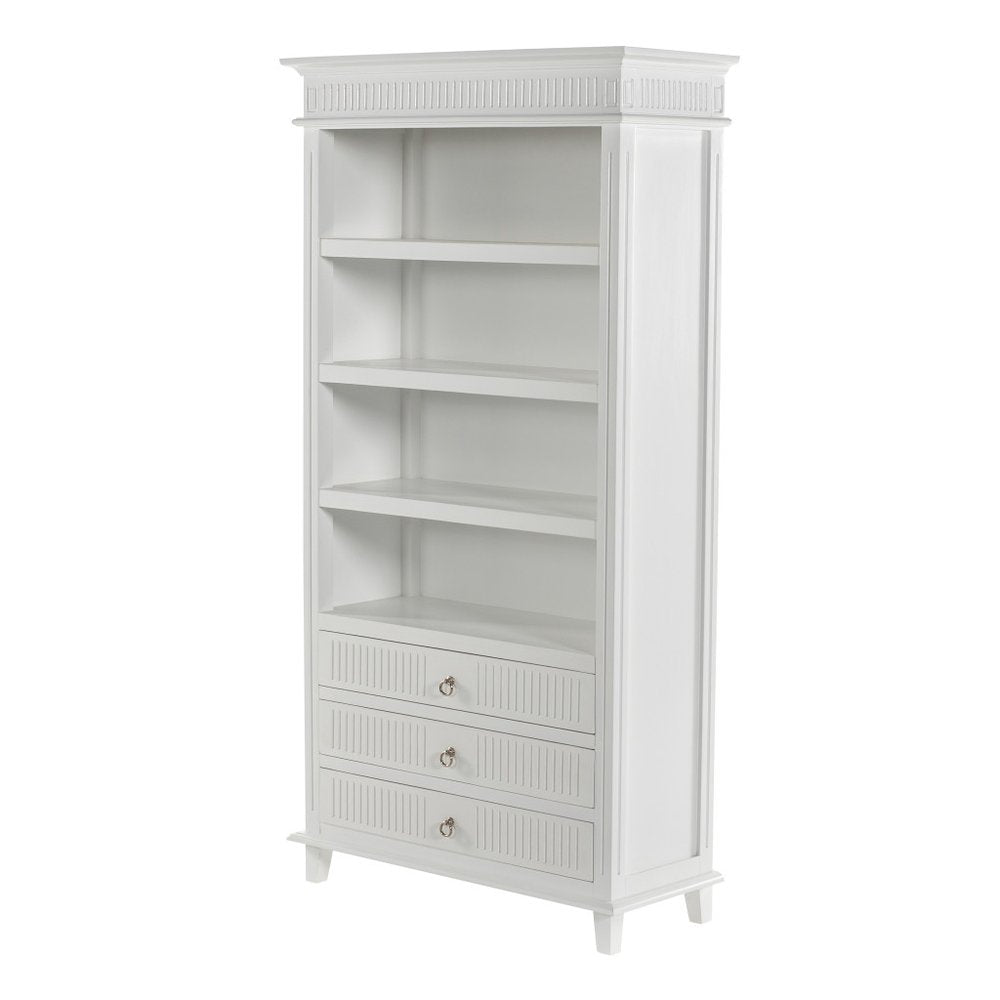 Antiqued White Solid Wood Four Tier Bookcase with Three Drawers — view 3