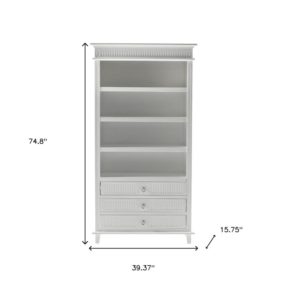 Antiqued White Solid Wood Four Tier Bookcase with Three Drawers HomeRoots