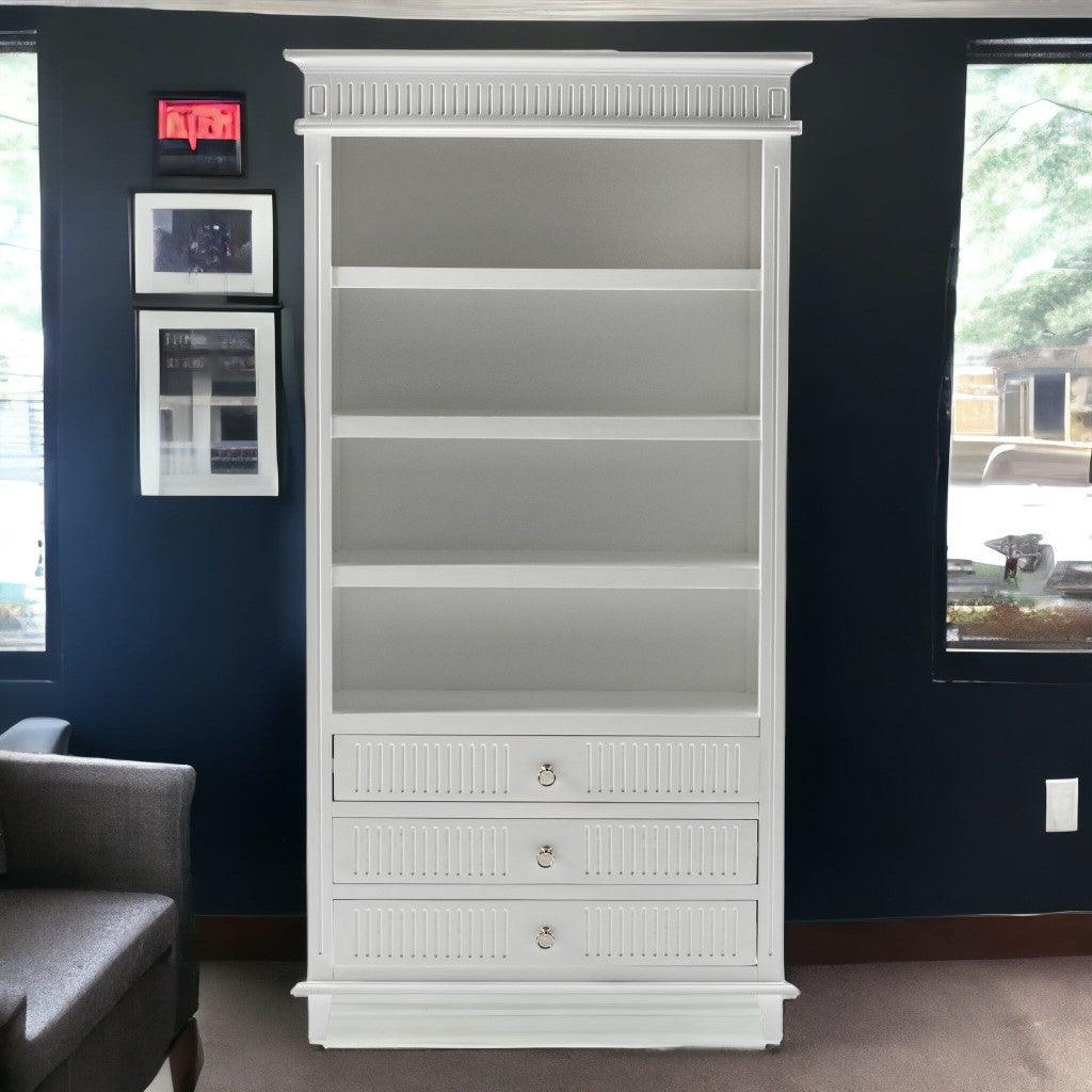 75" Antiqued White Solid Wood Four Tier Bookcase with Three Drawers - FurniFindUSA