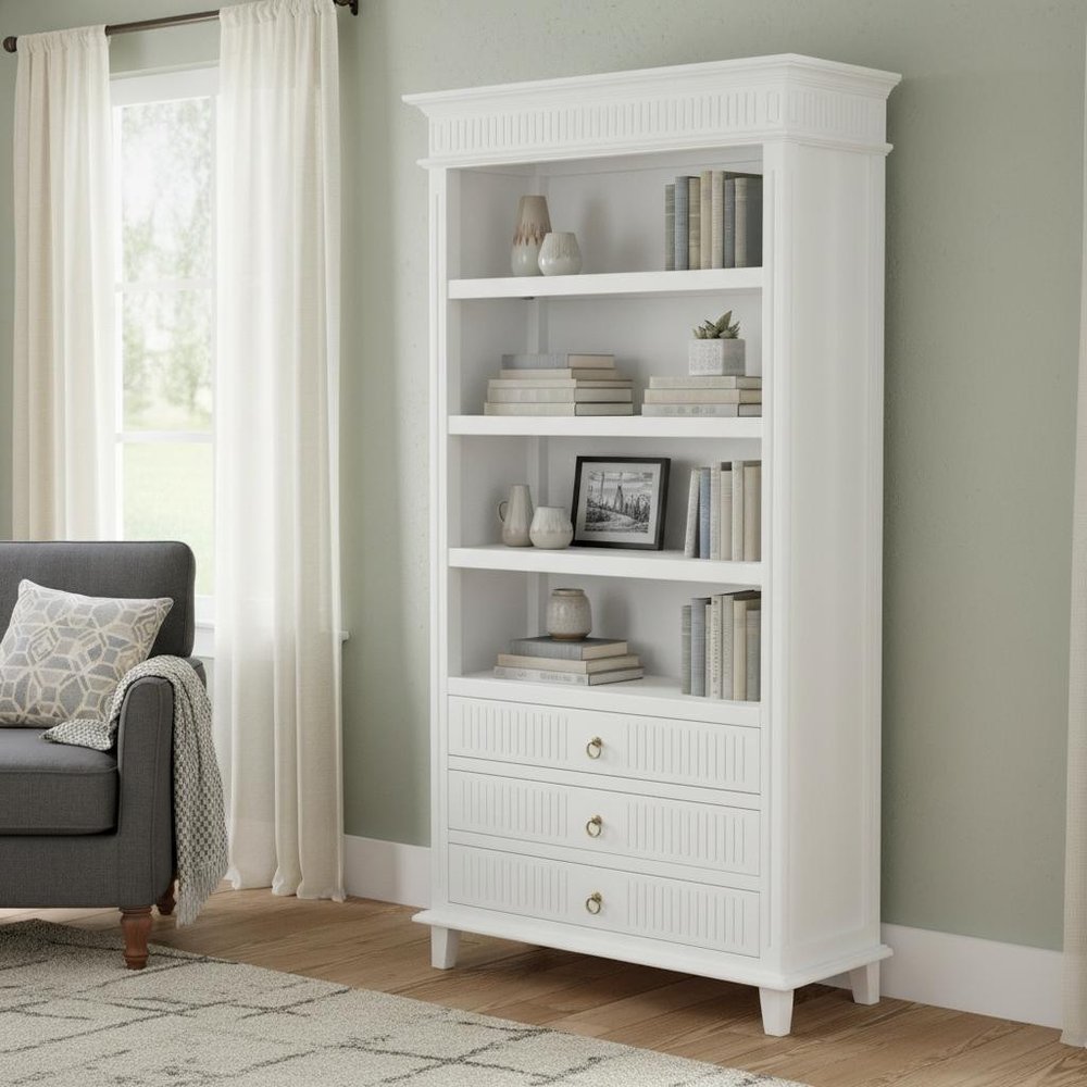 Antiqued White Solid Wood Four Tier Bookcase with Three Drawers — view 6