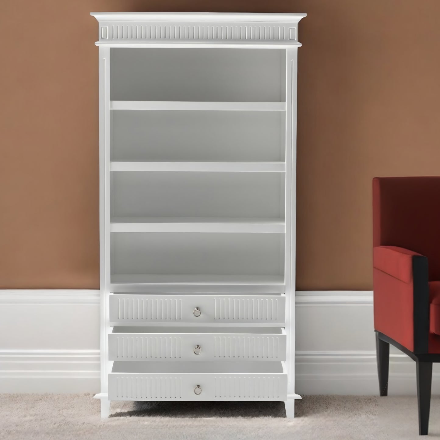 Antiqued White Solid Wood Four Tier Bookcase with Three Drawers