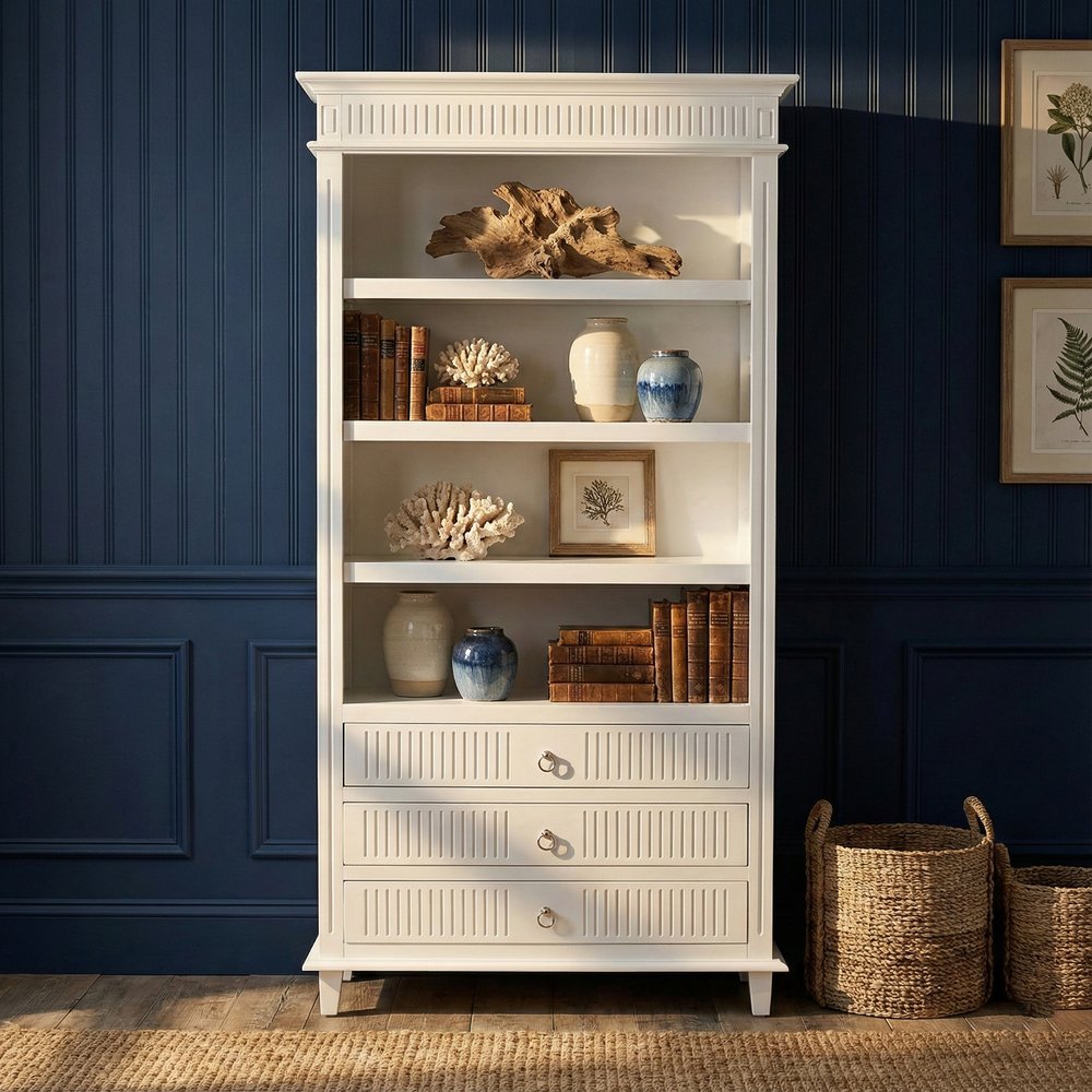 Antiqued White Solid Wood Four Tier Bookcase with Three Drawers — view 5