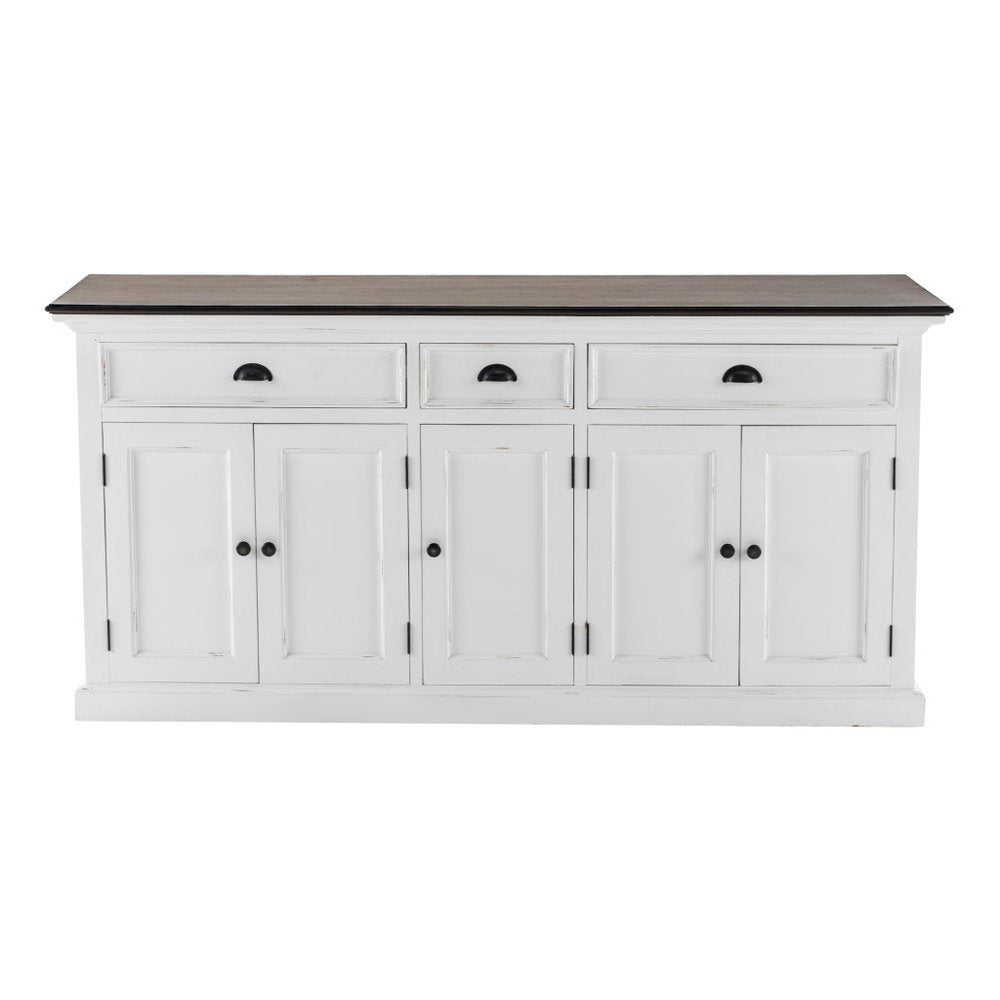 74" Antiqued White Solid Wood Three Drawer Buffet Table with Five Doors HomeRoots