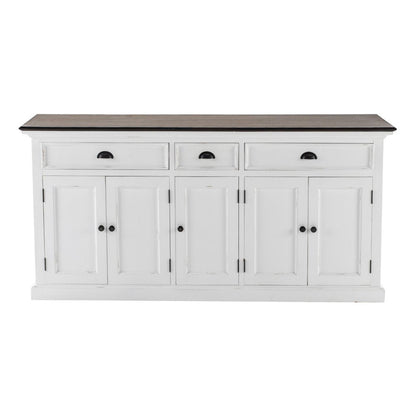 74" Antiqued White Solid Wood Three Drawer Buffet Table with Five Doors HomeRoots