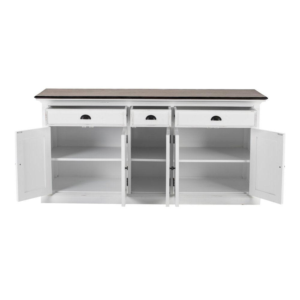 74" Antiqued White Solid Wood Three Drawer Buffet Table with Five Doors HomeRoots