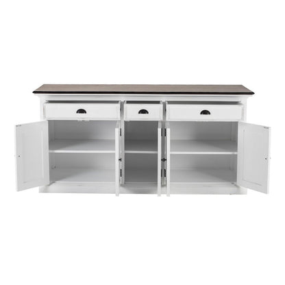 74" Antiqued White Solid Wood Three Drawer Buffet Table with Five Doors HomeRoots