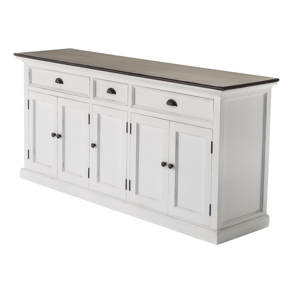 74" Antiqued White Solid Wood Three Drawer Buffet Table with Five Doors HomeRoots