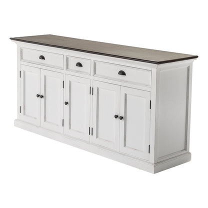 74" Antiqued White Solid Wood Three Drawer Buffet Table with Five Doors HomeRoots