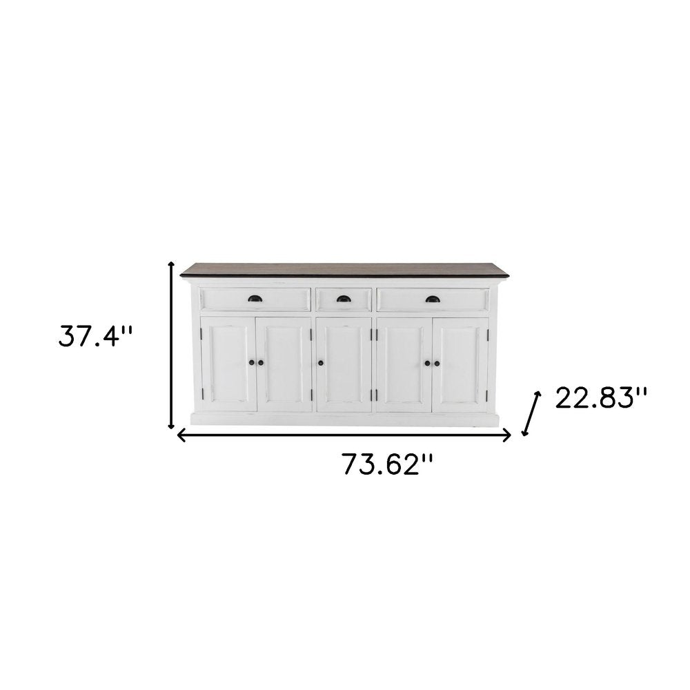 74" Antiqued White Solid Wood Three Drawer Buffet Table with Five Doors HomeRoots