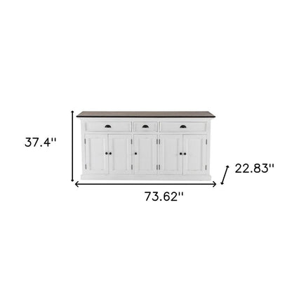 74" Antiqued White Solid Wood Three Drawer Buffet Table with Five Doors HomeRoots