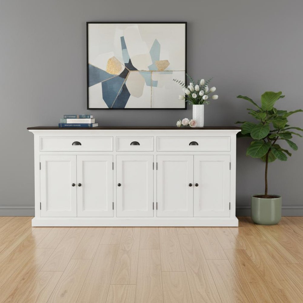 74" Antiqued White Solid Wood Three Drawer Buffet Table with Five Doors HomeRoots
