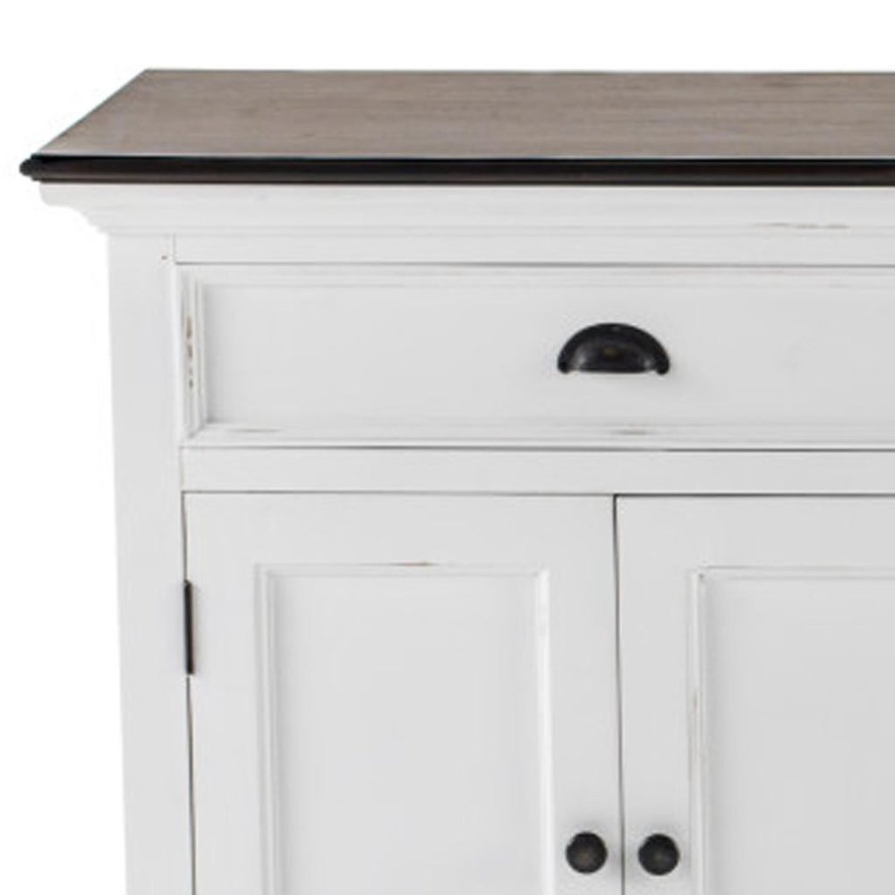 74" Antiqued White Solid Wood Three Drawer Buffet Table with Five Doors HomeRoots