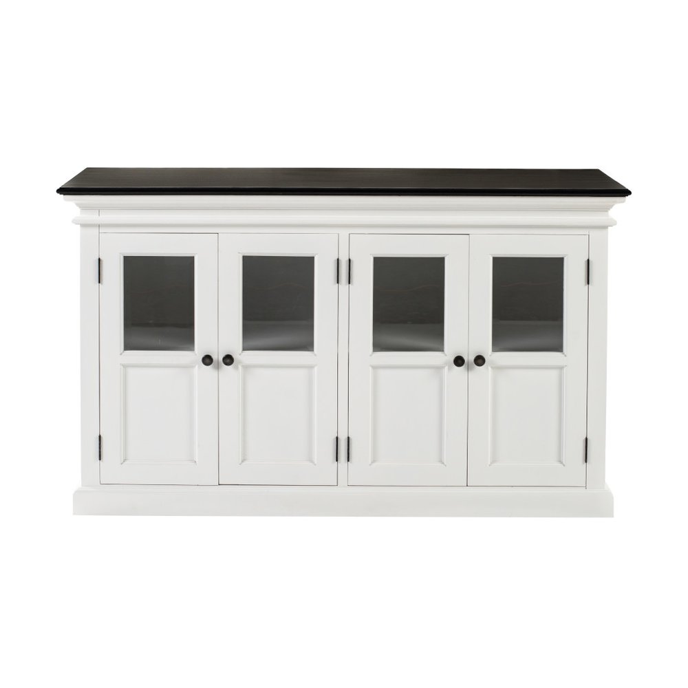 60" White And Black Solid Wood Paneled Buffet Table with Four Glass Doors HomeRoots