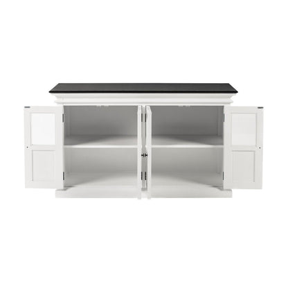 60" White And Black Solid Wood Paneled Buffet Table with Four Glass Doors HomeRoots