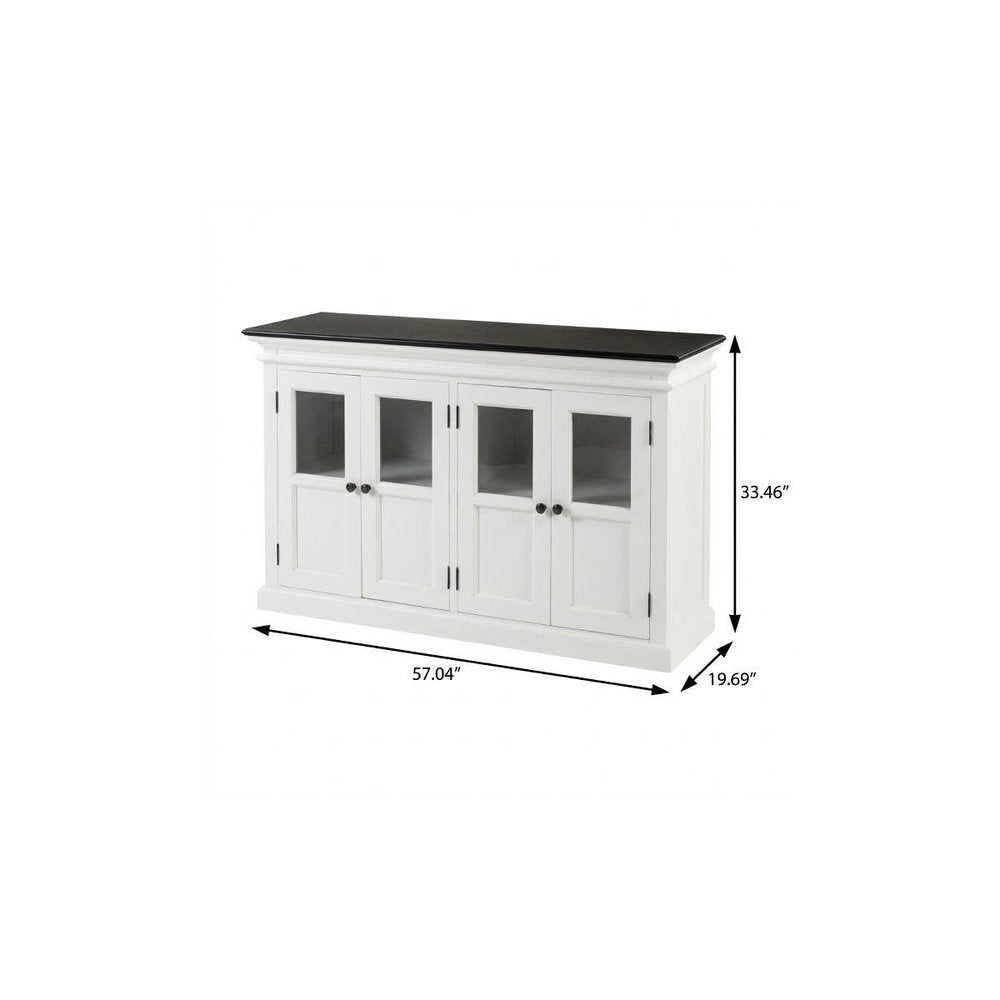 60" White And Black Solid Wood Paneled Buffet Table with Four Glass Doors HomeRoots