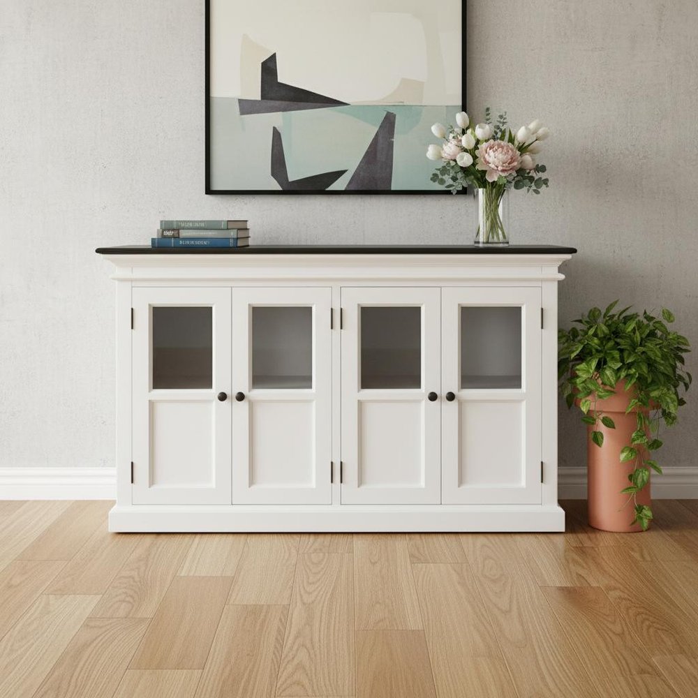 60" White And Black Solid Wood Paneled Buffet Table with Four Glass Doors HomeRoots