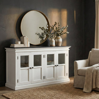 60" White And Black Solid Wood Paneled Buffet Table with Four Glass Doors HomeRoots