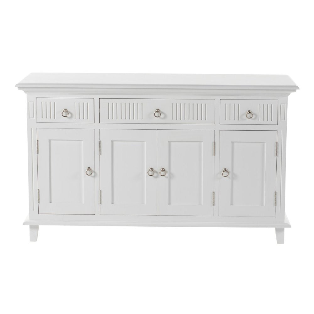 59" White Solid Wood Paneled Three Drawer Buffet Table with Four Doors HomeRoots