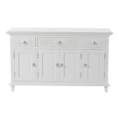 59" White Solid Wood Paneled Three Drawer Buffet Table with Four Doors HomeRoots