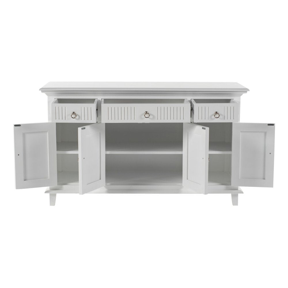 59" White Solid Wood Paneled Three Drawer Buffet Table with Four Doors HomeRoots