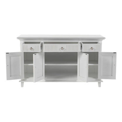 59" White Solid Wood Paneled Three Drawer Buffet Table with Four Doors HomeRoots