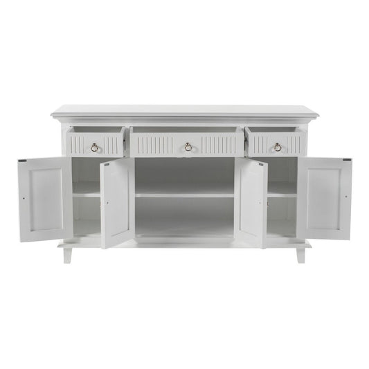 59" White Solid Wood Paneled Three Drawer Buffet Table with Four Doors HomeRoots